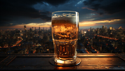 Wall Mural - Nighttime cityscape, drinking glass on table, urban skyline at sunset generated by AI