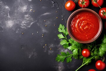 Wall Mural - Ketchup sauce in a bowl with cherry tomatoes spices chili peppers olive oil parsley Top view Stone background Text space available