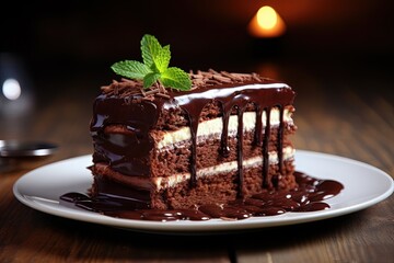 Poster - Closeup of chocolate cake on wooden table