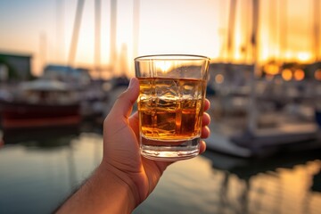 Man holding whiskey glass symbolizing the start of summer at marina