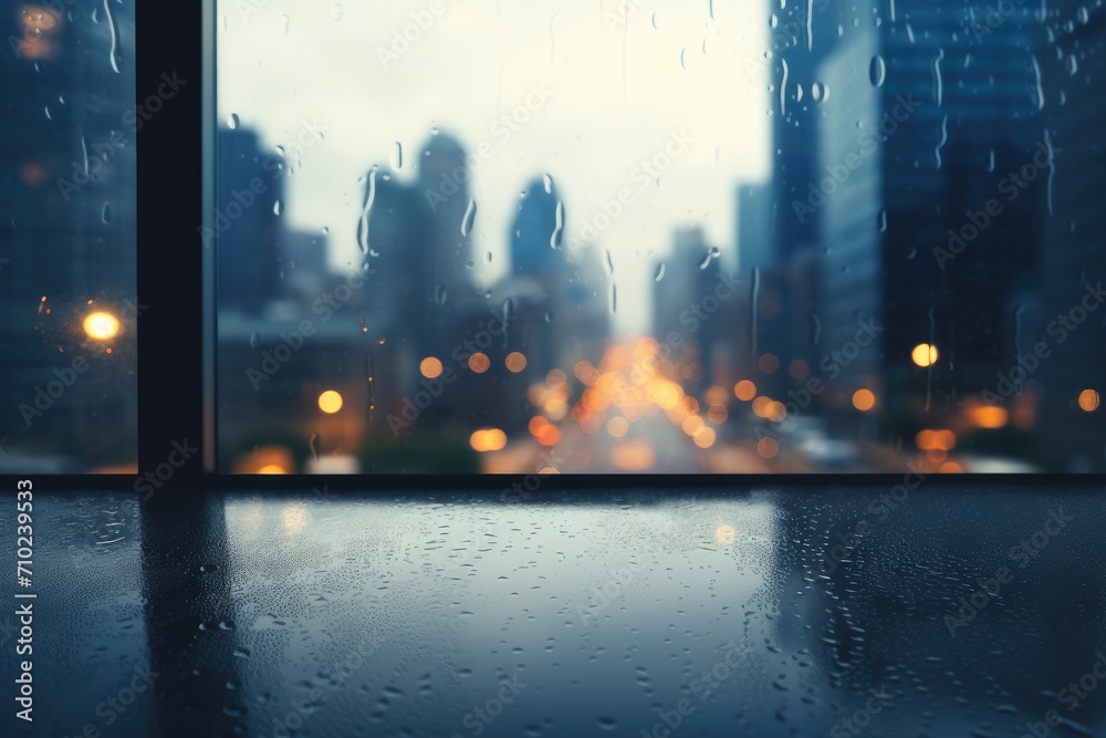Rainwater covering office window blurred urban skyline worker trapped ...