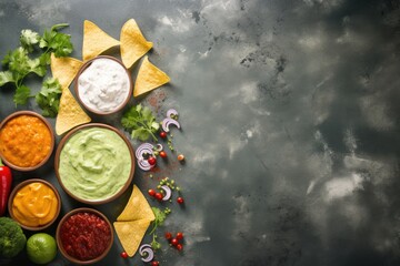 Wall Mural - Top view of Mexican nachos chips with multiple sauces guacamole salsa cheese and sour cream displayed on a stone table with copy space
