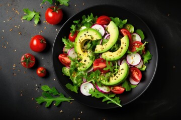 Wall Mural - Vegan diet banner featuring fresh vegetable salad with tomatoes avocado arugula radish and seeds in a bowl