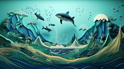 Wall Mural - world oceans day in paper cut art style