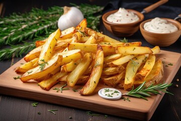 Wall Mural - Mayonnaise and rosemary on white wooden board accompanies homemade potato fries