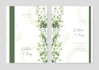 Fototapete - White cosmos artistic wedding invitation card template set with flower decorations. Wedding invitation floral watercolor card background