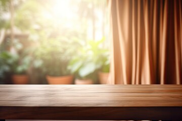 Wall Mural - Blurred curtained window background with a wooden table