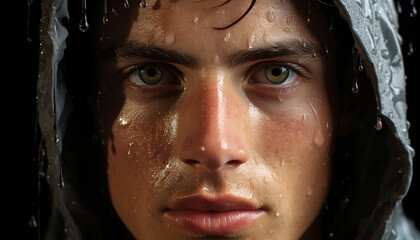 Poster - One wet woman, close up portrait, beauty looking at camera generated by AI