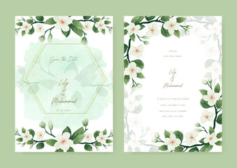 Fototapete - White cosmos set of wedding invitation template with shapes and flower floral border. Wedding invitation floral watercolor card background
