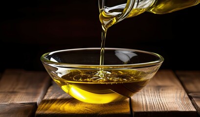 Wall Mural - Olive oil poured into a glass bowl against a wooden background