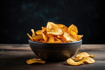 Wall Mural - Potato chips crispy wooden bowl black background