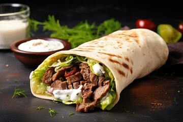 Wall Mural - Shawarma Beef sandwich with grilled meat salad and white sauce on a lavash