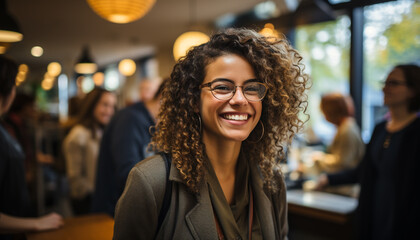 Smiling women in coffee shop, looking at camera generated by AI