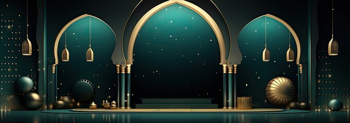 Wall Mural - Arabic decorative background with golden lights, gold lanterns and gold decor