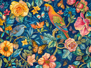 Vintage Hand drawn and Hand Painted Retro Vintage Style Fine Art canvas for wallpaper and background with Colorful Peacocks, birds, Flowers and plants, Nature-inspired and floral botanical, ornamental