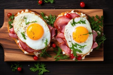 Wall Mural - Top view close up of an open sandwich with ham and fried eggs on a wooden board
