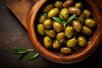 Wall Mural - Top view of wooden bowl with pickled green olives