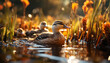 Beautiful mallard duck reflects in tranquil pond generated by AI