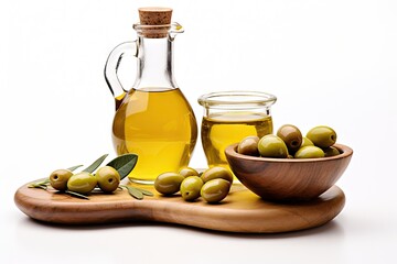 Wall Mural - Two glass containers with olive oil and harvested olives on a white wooden bench isolated background Front view