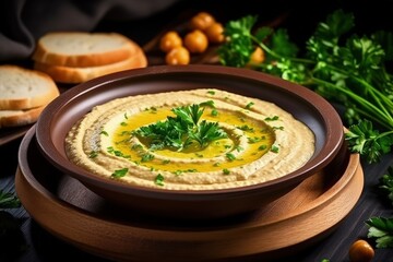 Wall Mural - Vegetarian chickpea dish served on a wooden plate with hummus parsley and croutons