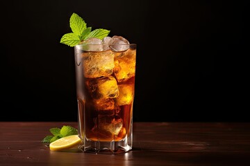 Poster - Whiskey soda drink topped with mint and lime served in a tall glass with ice