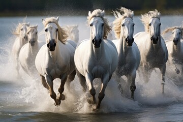 White horses galloping in water