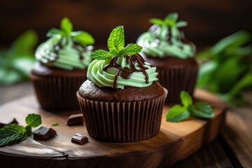 Wall Mural - Wooden table with chocolate mint cupcakes