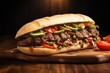 Close up of kebab sandwich on a wood background