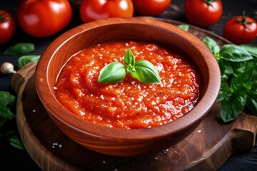 Canvas Print - Closeup top view of tomatoes garlic and basil in a wooden bowl with sauce