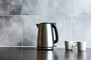 Wall Mural - Electric stainless steel kettle on granite counter against ceramic background