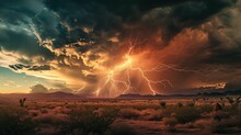 Dramatic View Of Heavy Thunder Storm Coming Over The Desert Generative AI