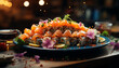 Fresh seafood plate, close up of sashimi, healthy eating, Japanese culture generated by AI
