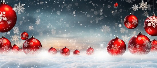 Poster - Snowfall on red baubles and snowflakes.