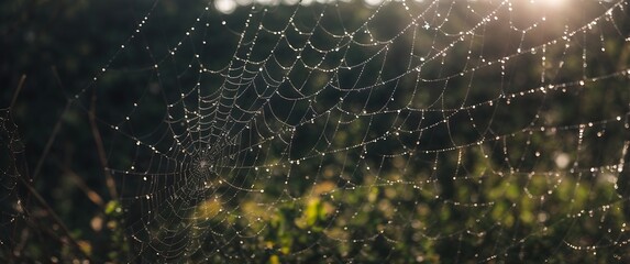 Closeup shot of dew on scattered bokeh spider web.