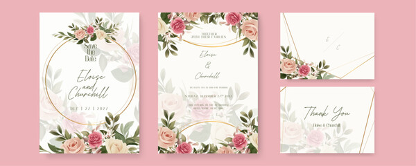 Poster - Pink and beige rose set of wedding invitation template with shapes and flower floral border