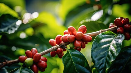 Wall Mural - Closeup, Coffee beans on green leaf with copy space