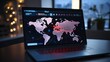 A laptop screen with an interactive map indicating the geographic locations of attempted cyber threats thwarted by the antivirus software.