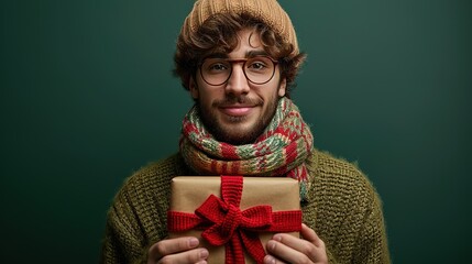 A young happy, cheerfully smiling man of 20 years old in a green sweater holds in his hands a gift