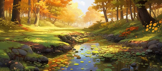 Poster - Sunny autumn day with a puddle on a forest path.