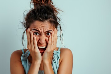 Wall Mural - a woman in shock covering her hands in a screamed expression isolated on white background. generative AI