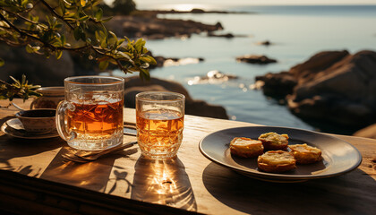 Wall Mural - Outdoor table, nature bar, sunset drink, refreshing cocktail, wood material generated by AI