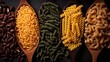 top view of various fusilli pasta from different types of beans
