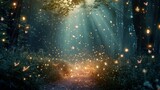 Fototapeta Las - Enchanted forest clearing with fireflies and magical creatures celebrating with fairy dust