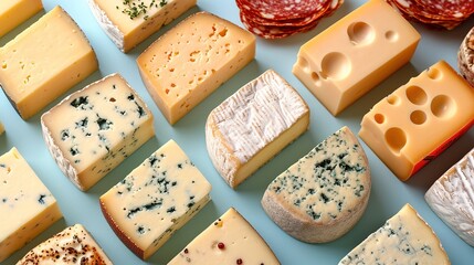 various types of cheese on a light concrete background