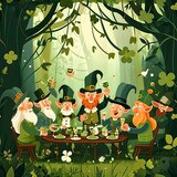 Fototapeta Dinusie - St Patrick’s day themed celebration, leprechauns party in the forest pattern, st patricks day
