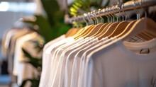 White t-shirts neatly hung on hangers along a stylish rail, creating a chic display in the store