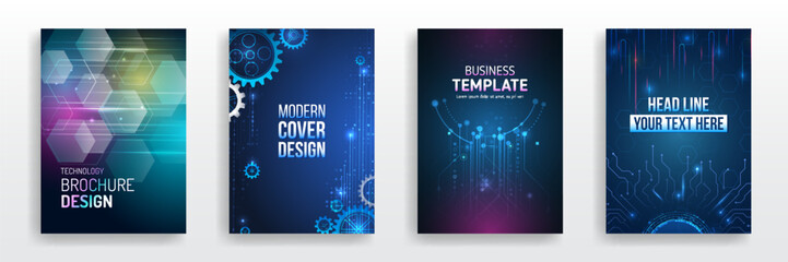 Wall Mural - Futuristic background for flyer, brochure. Scientific cover template for presentation, banner. Set of high-tech covers for marketing. Modern technology design for posters.