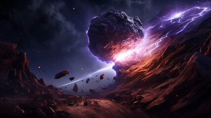  A dynamic space scene with a comet crackling with electric light