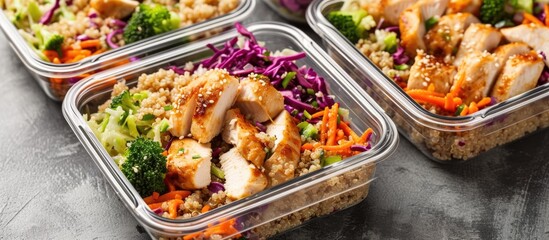 Meal prep containers for nutritious quinoa, chicken, and cole slaw.