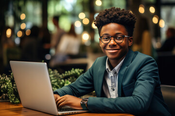 Wall Mural - African-American kid dressed as a business man sitting in office chair. Teenager smiling sitting in the office. Working student. Learning from young age, intellectual growth